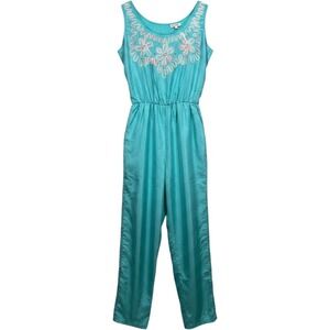 Donna Toran Jumpsuit Womens XL Teal Vintage Soutache Floral Pearl Elastic Waist